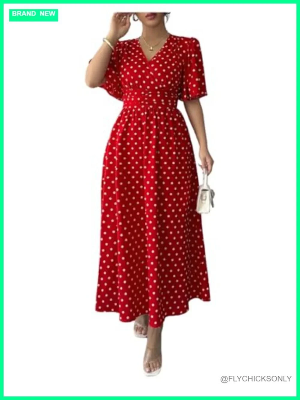 Flowy Polka Dot Wrap V-Neck Midi Dress A-Line